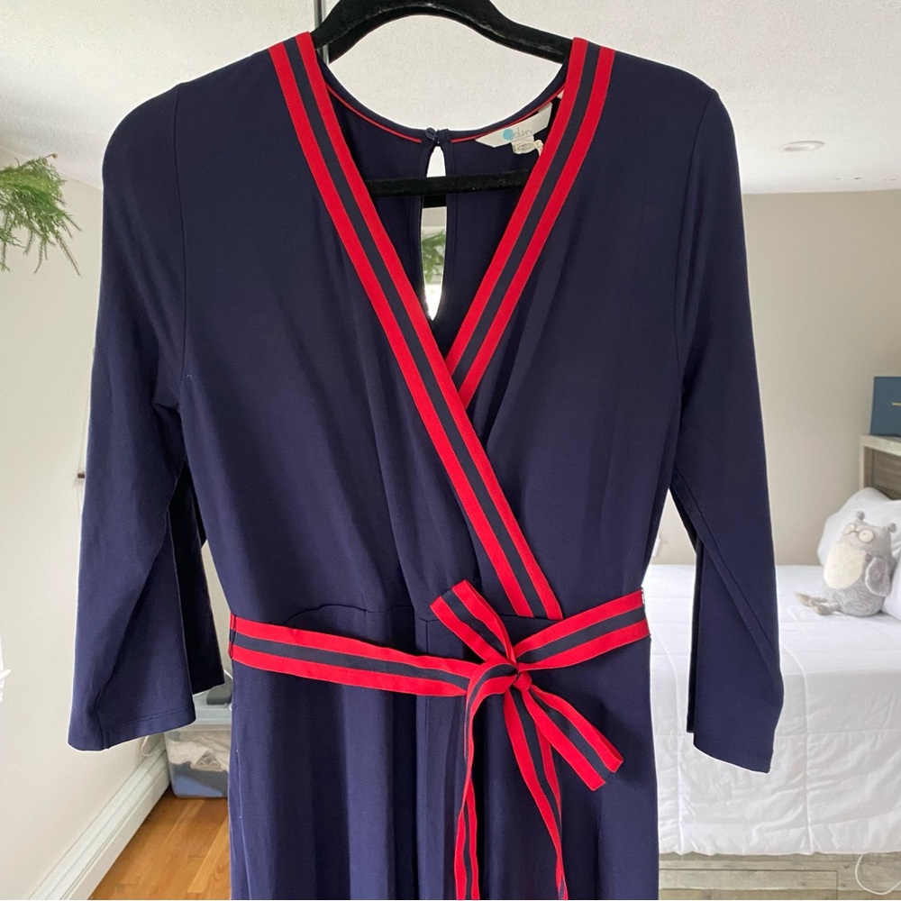 Boden Isla Jersey Jumpsuit Navy with Red and Navy Blue Grosgrain accents